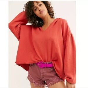 Free People Red Oversized Cropped Hoodie Sweatshirt